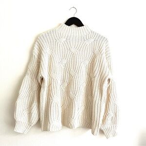 Cream/Off-White Chunky Cable Knit Sweater with Mock Neckline